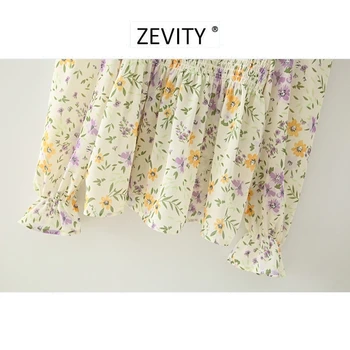Zevity Naujas moterų mados aikštė apykaklės gėlių spausdinti smock prašmatnus palaidinė lady elastinga raukiniai blusas femininas marškinėliai topai LS7002