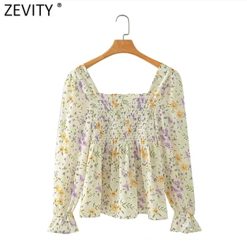 Zevity Naujas moterų mados aikštė apykaklės gėlių spausdinti smock prašmatnus palaidinė lady elastinga raukiniai blusas femininas marškinėliai topai LS7002