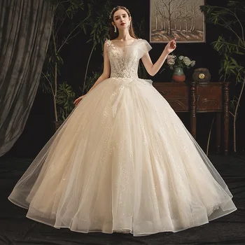 Princesė Prabangių Vestuvių Suknelės Rankovių Nėrinių Appliques Zawalcowany Kristalų Iliuzija Šviesos Šampano Blizga Nuotakos Suknelė Elegantiškas 2021