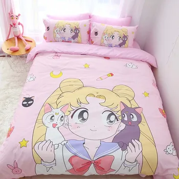 Naujas Kawaii Sailor Moon Patalynės Komplektai Cute Girl Vaikai Medvilnės Patalynės, Antklodžių Padengti Paklode Užvalkalas Šalikas Patalynės Komplektai Rožinė