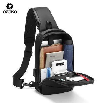 OZUKO Crossbody Krepšiai Vyrų USB Įkrovimo Vandeniui Messenger Krūtinės Maišelį Vyrų Trumpą Kelionę Sling Bag Didelės Talpos Pečių Maišą Juoda