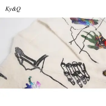 Aukštos Kokybės 2019 Žiemos Tingus Stiliaus Megztinis Doodle Mezgimo Vieną Krūtinėmis Prarasti ilgomis Rankovėmis V-kaklo, Mados Moterų Megztinis Banga