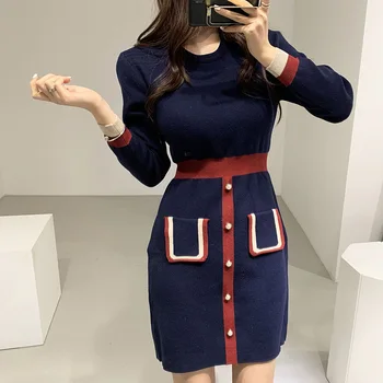 Bodycon Megzti Suknelę Ilgomis Rankovėmis, O-Kaklo Skraiste Traukti Mini Rudenį 2020 M. Derliaus Elegantiškas Biuras Korėjos Mėlyna Žiemos Drabužių Moterims Elbise
