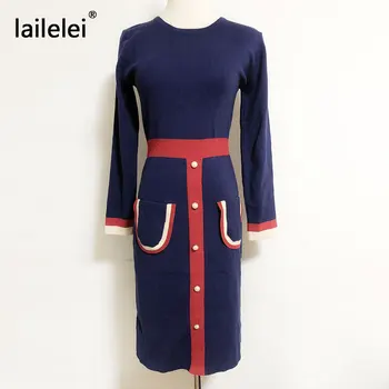 Bodycon Megzti Suknelę Ilgomis Rankovėmis, O-Kaklo Skraiste Traukti Mini Rudenį 2020 M. Derliaus Elegantiškas Biuras Korėjos Mėlyna Žiemos Drabužių Moterims Elbise