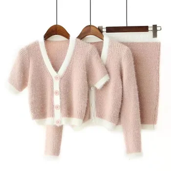 Rudens Retro Shaggy Kontrasto spalvų Megztinis Korėja Single-breasted Mygtuką Megzti Apkarpytos Megztinis Paketo Klubų Mini Sijonas 1 Set