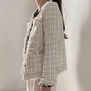 Retro Tvido Švarkas Kailis Moterų 2020 m. Rudenį Naujų korėjos Stiliaus Mados Slim Top Kišenės Derliaus Viename Krūtinėmis Vilnonių Outwear