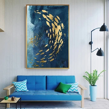 Abstrakti Aukso Žuvys Kinų Tapybos Drobės Big Blue Plakato spauda Prabangus Sienos Meno kambarį Eilėje Aukso tableaux Nuotrauką