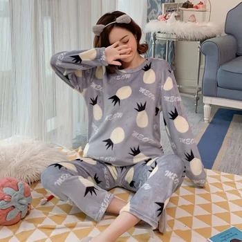 Moterų Koralų Aksomo Pižama Sleepwear Nustatyti ilgomis Rankovėmis Flanelė Nėrinių Pijamas Mujer Homewear Merginos 2vnt Naktį Drabužiai, Pižamos Moterims