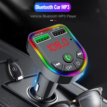 Bluetooth 5.0 FM Siųstuvas 7-spalva Atmosfera Light Car Kit Dual USB Įkroviklis Automobilinis Mp3 Grotuvas Belaidė laisvų Rankų įranga Garso Imtuvas