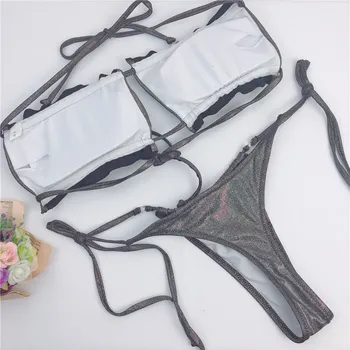 Micro thong bikini komplektas 2020 m Sexy blizgios sidabro swimsuit moterys bandeau maudymosi kostiumėliai moterims, užrišti maudymosi kostiumėlį moterų maudymosi kostiumą besimaudančių