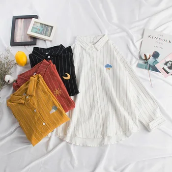Dryžuotas derliaus moterų marškinėliai v-kaklo turn-žemyn apykaklės ilgomis rankovėmis prarasti preppy stilius office lady elegantiška siuvinėjimas, marškinėliai, topai