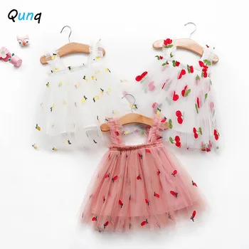Qunq Boutique Siuvinėjimo Kūdikių Mergaitės 2021 Naujas Vasaros Tinklelio Bamblys Vaikai Princesė Kostiumas Ananasų Ir Vyšnių Vaikai Suknelės