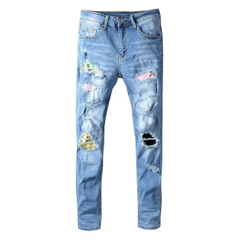 Vyriški Išgalvotas Spalvos Pleistras Dizaino Kratinys Ripped Jeans Streetwear Plonas Liesas Ruožas Džinsinio audinio Kelnės