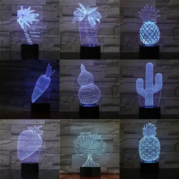 Naujas 3D Optica Augalų Lempa USB LED Nakties Šviesos Kokoso Medžio Braškių Gimtadienio Šventės Metu Vaikams Abstrakčiai Akrilo Lamparas