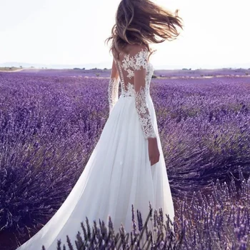 Elegantiškas Pasakų Vestuvių Suknelė 2021-Line Vien Kaklo, Ilgomis Rankovėmis Mygtuką Nėrinių Appliques Valymo Traukinio Nuotakos Suknelė Vestidos De Noiva