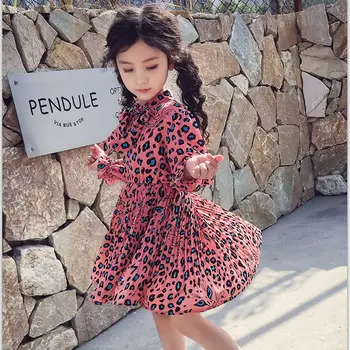 2-13 metų mergina dress 2020 m. pavasarį animacinių filmų atsitiktinis visą rankovėmis Leopardas Spausdinti vaikams, vaikų mergaičių princesė suknelė rožinės spalvos geltona mėlyna