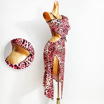 Seksualus Lotynų Suknelė Moterims, New Pink Leopard Didelio Plyšio Sijonas Šalies Klubo Šokėja Veiklos Kostiumas Salsa/Gatsby/Samba Praktikos Suknelė