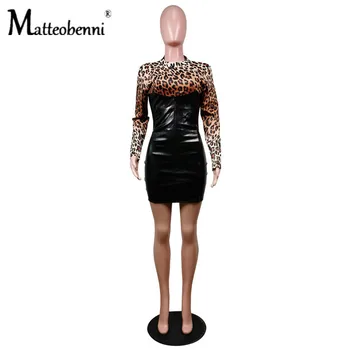 Seksualus Gyvūnų Spausdinti Moterų Suknelė Ilgomis Rankovėmis Kratinys Pu Odos Leopard Derliaus Bodycon Šalis Mini Suknelės Vestidos Kalėdų Naujas