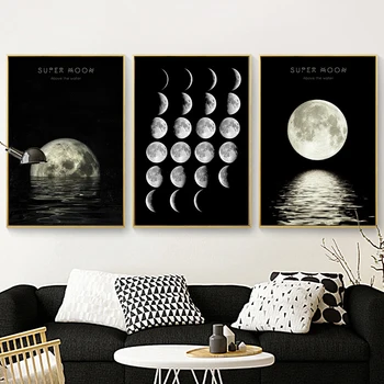 Juoda ir Balta Drobė, Tapyba, Fotografija Šiaurės šalių Sienos Nuotrauka Mėnulio La Lune Spausdinti Plakato Skandinavijos Namų Puošybai