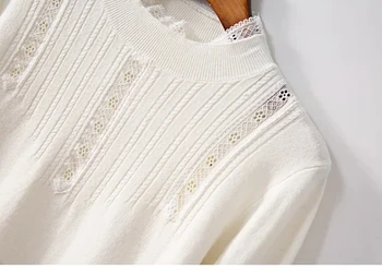 Juodos Arba Baltos Spalvos Moterims Megztiniai Megztinis Nėrinių Susiuvimo Elegantiškas Ilgomis Rankovėmis Golfo Moterų Topai