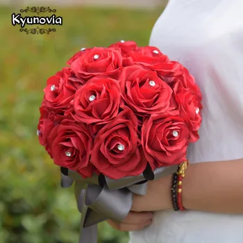 Kyunovia Šilko Rožė Pamergės Puokštė Dirbtinių Gėlių Puokštės su Cirkonio Puošmena Gėlės Raudona Vestuvių Puokštė GC27