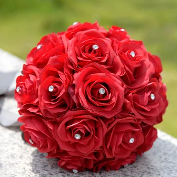 Kyunovia Šilko Rožė Pamergės Puokštė Dirbtinių Gėlių Puokštės su Cirkonio Puošmena Gėlės Raudona Vestuvių Puokštė GC27