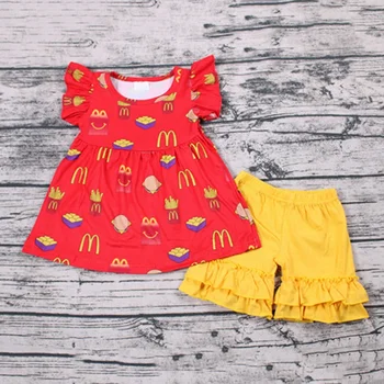 Vaikų drabužiai nustatyti ankstyvos vaikystės mergina raudona plazdėjimas rankovės viršų ir geltonos spalvos šortai 2 vnt vaikas mergina vasaros aprangą baby boutique drabužių