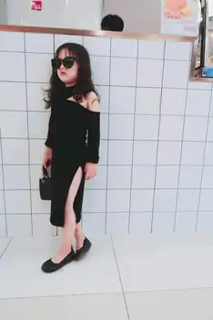Mihkalev 2020 metų Vaikų Europos Ir Amerikos Suknelė Juodos Spalvos Kūdikių Mergaičių aukštos padalinta suknelė ilgomis Rankovėmis Vaikai Vakare Šalis Suknelė