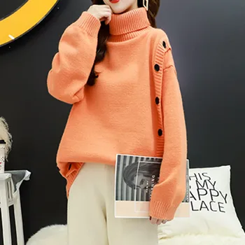 Megztinis Šiltas Tirštėti Moterų Viršūnių 2020 Korėja, Japonija Trutle Kaklo Atsitiktinis Ilgomis Rankovėmis Mygtuką Megztinis Megztinis Moteriška Megztiniai Žiemą