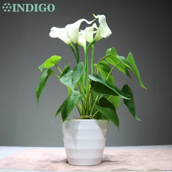 INDIGO Balta Calla Puokštė (12pcs lapai + 5 Gėlės+ Vaza ) Tulpių Nekilnojamojo Touch Vestuvių Ekranas Dirbtinių Apdailos Namų