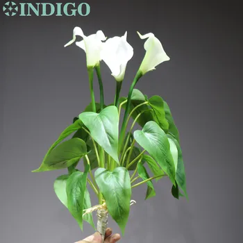 INDIGO Balta Calla Puokštė (12pcs lapai + 5 Gėlės+ Vaza ) Tulpių Nekilnojamojo Touch Vestuvių Ekranas Dirbtinių Apdailos Namų