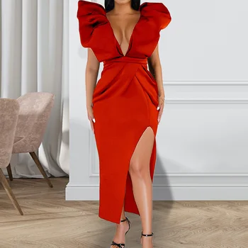 Vasaros 2021 Susiėmę Gilia V Seksualus Rankovių Vidutinio ilgio Slim Suknelė Moterys Šalis Klubo Pusės Split Moterų Moterų Suknelės, Kokteilių Rūbeliai