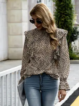 Moterų Marškinėliai Atsitiktinis Leopard Dot Spausdinti Pynimas Palaidinė Marškinėliai Rudens Žiemos Ilgos Rankovės Elegantiškas Office Lady V-Kaklo, Mygtuką, Topai