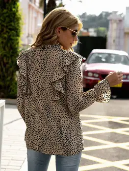 Moterų Marškinėliai Atsitiktinis Leopard Dot Spausdinti Pynimas Palaidinė Marškinėliai Rudens Žiemos Ilgos Rankovės Elegantiškas Office Lady V-Kaklo, Mygtuką, Topai