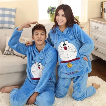 Suaugusiųjų Moters Vyras Žiemos Flanelė Vilnos Animacinių Filmų Doraemon Onesies Pižamos Kostiumai Lovely Cat Cosplay Pižama Sleepwear Kalėdų