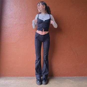 Vintage Black Blyksnius mažas Juosmens Kelnes, Kostiumus Prarasti Omighty Ziajać Elastinės Kelnės Tiesios Kojos Moterų Y2K Streetwear Atsitiktinis Džinsus