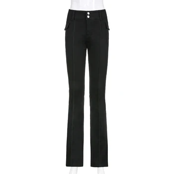 Vintage Black Blyksnius mažas Juosmens Kelnes, Kostiumus Prarasti Omighty Ziajać Elastinės Kelnės Tiesios Kojos Moterų Y2K Streetwear Atsitiktinis Džinsus