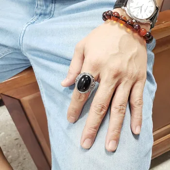 BOCAI nekilnojamojo S925 Kietas Sterlingas Sidabro Žiedas 2021 naujas mados vyriški retro seną Tailando Sidabro asmenybės juodasis agatas Argentum Žiedas