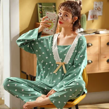 Naujas Medvilnės Moterų Pižama Komplektas Plius Dydis M-5XL ilgomis Rankovėmis Mielas Spausdinti Sleepwear Pijama Mujer Laisvalaikio naktiniai drabužiai