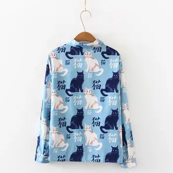 Naujas Atvykimo Moterų Animacinių filmų Katės Ir Kinijos Žodžiai Print Long Sleeve Blue Marškinėliai Turn-Žemyn Apykaklės Šifono Palaidinė Elegantiškos Viršų T97508F