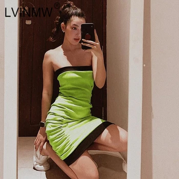 LVINMW 2020 m Sexy Stebėjimo Velniop Kaklo Side ruched Mini Suknelė Žalia Kratinys Backless Bodycon Suknelės Moteriška Šalis Klubo Komplektai