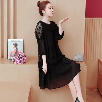 Nkandby Plius Dydis Šifono Suknelė Moterų 2020 M. Vasarą Korėjos Prarasti Trys Ketvirtį Nėrinių Kratinys Negabaritinių Raukiniai Ponios Suknelės