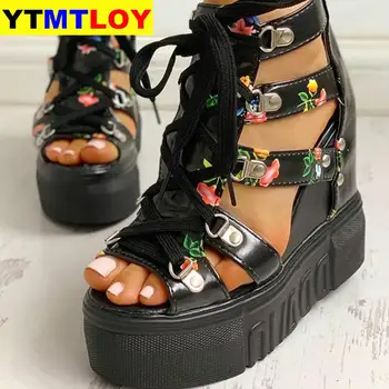 2020 metų Vasaros Avalynė Moterims Basutės Platforma batų raišteliai Aukšti Kulniukai Laisvalaikio Bateliai Moteris INS Karšto Spausdinti Laisvalaikio Pleištai Moterų Batai