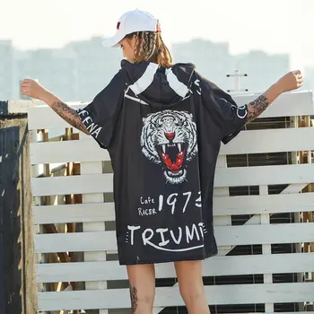 Liūtas Galvos Spausdintos Raidės Moterų Ilgi Marškinėliai Su Gobtuvu Harajuku Juoda Negabaritinių Hip-Hop Marškinėlius Merginos 2020 M. Vasarą Viršų