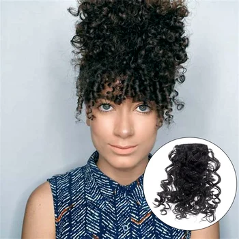 DIANQI moterų afro keistą garbanotas bang netikrą kirpčiukai pakraštyje plaukų clips natūralus juodas perukai sintetinių plaukų pratęsimo