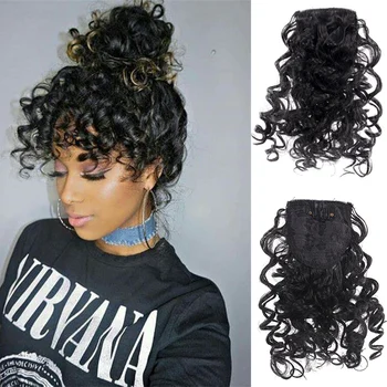 DIANQI moterų afro keistą garbanotas bang netikrą kirpčiukai pakraštyje plaukų clips natūralus juodas perukai sintetinių plaukų pratęsimo