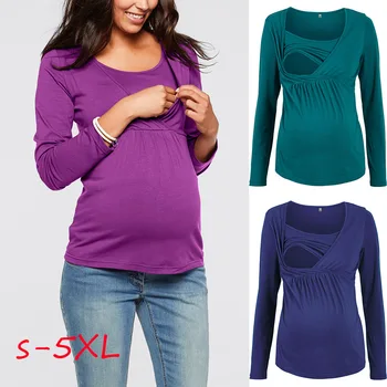 5XL Motinystės slaugos Viršūnes ropa premama ilgomis rankovėmis krūtimi už nėščios moters drabužius, O-kaklo nėštumo Kietas marškinėliai tee