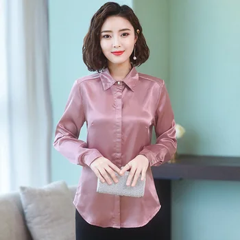 TingYiLi Žalia Rožinė Satino Palaidinė Pavasario Vasaros Moterų Palaidinė Marškinėliai Korėjos Elegantiškas Biuras Ponios Ilgomis Rankovėmis Viršūnes