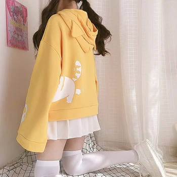 Žiemos Kawaii Anime Geltona Hoodies Moterų Harajuku Saldus Ilgomis Rankovėmis Katė Grafinis Spausdinti Negabaritinių Gobtuvu Palaidinukė Moterų Megztinis