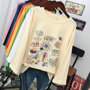 DONAMOL Plius Dydis mados Moterų Tees medvilnės ilgomis Rankovėmis Viršūnes Puloveris Atsitiktinis palaidų Animacinių filmų animacija modelio spausdinimo T-shirts